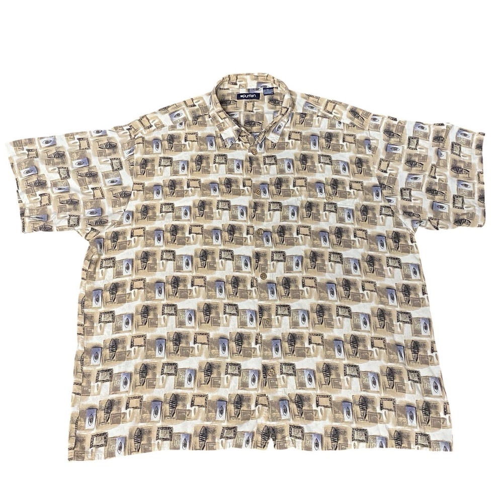 Puritan Mens 3XL Button Frnt Shirt Shrt Sleeve Beige Abstract 100% Viscose Rayon
